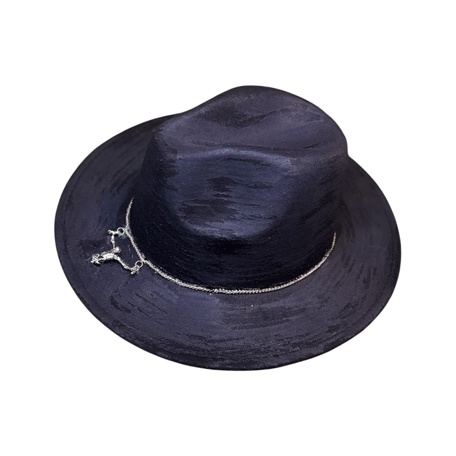 Black Halloween Succubus Witch Hat – Gothic Festival Fedora with Silver Demon Pendant, Dark Rave Accessory, Handmade by Ilgaz Kuren