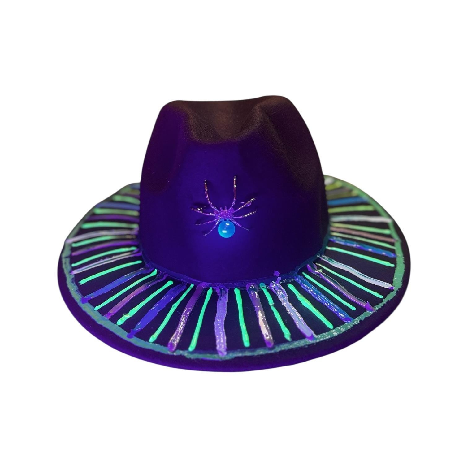 Hand-Painted Halloween Fedora: UV Reactive Spider Web Rave Hat