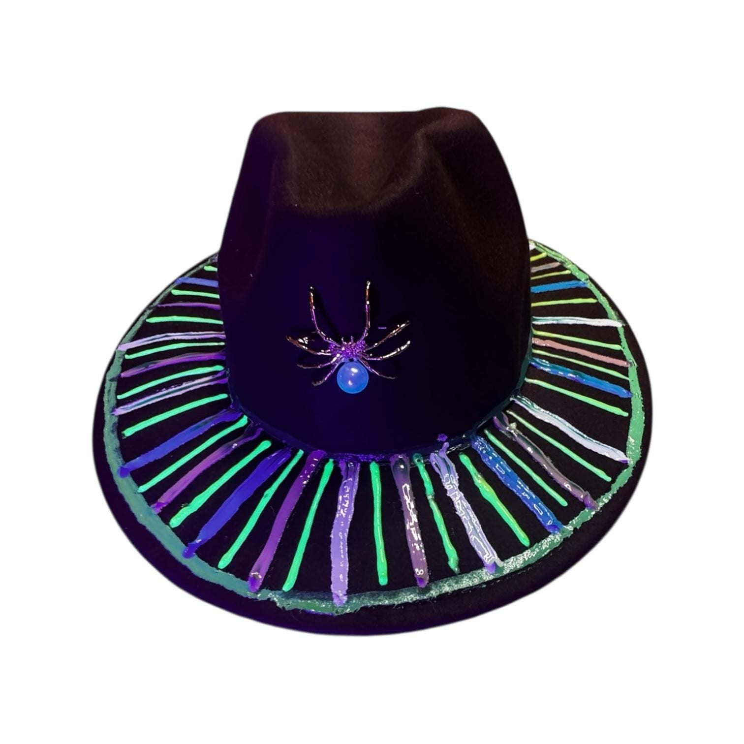 Hand-Painted Halloween Fedora: UV Reactive Spider Web Rave Hat