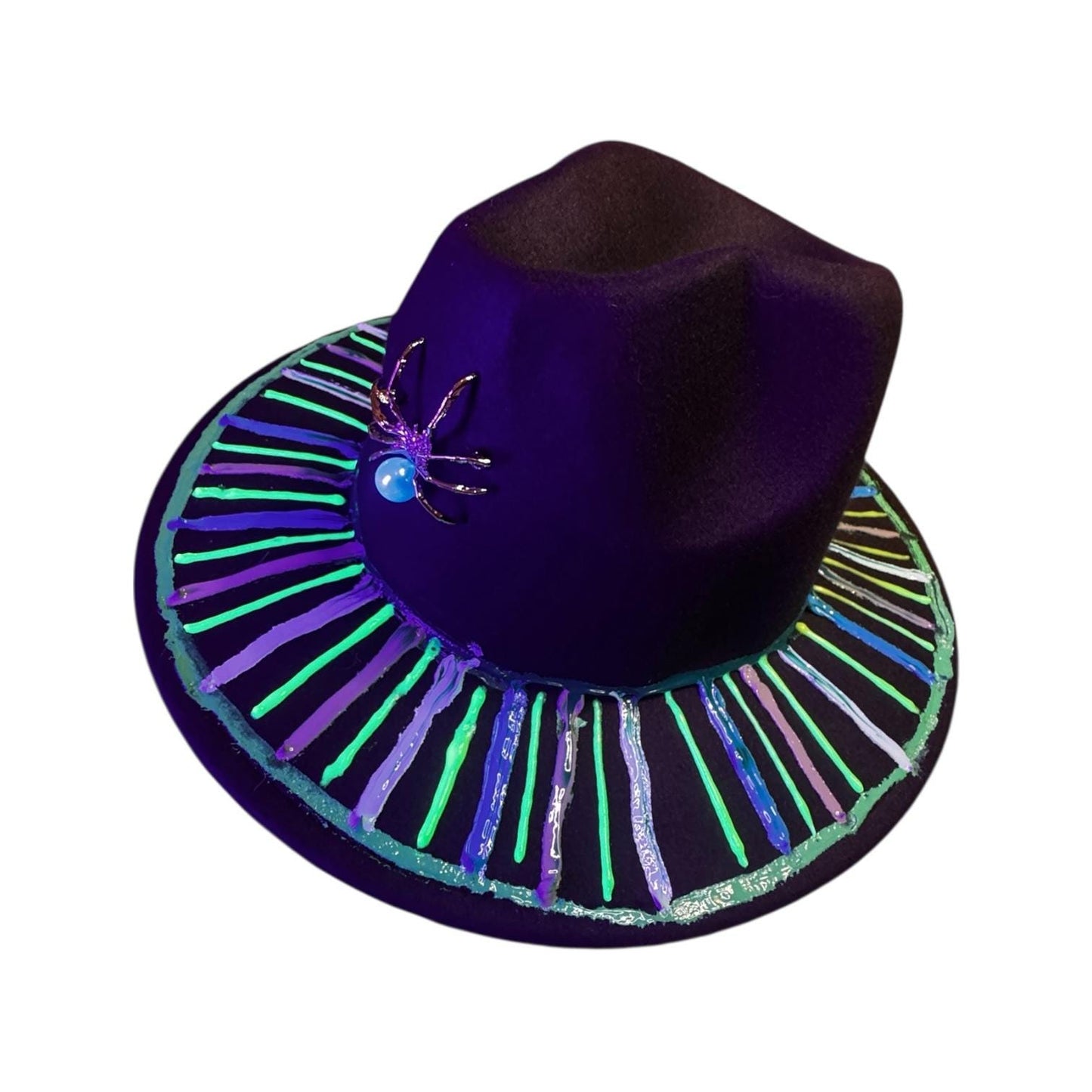 Hand-Painted Halloween Fedora: UV Reactive Spider Web Rave Hat
