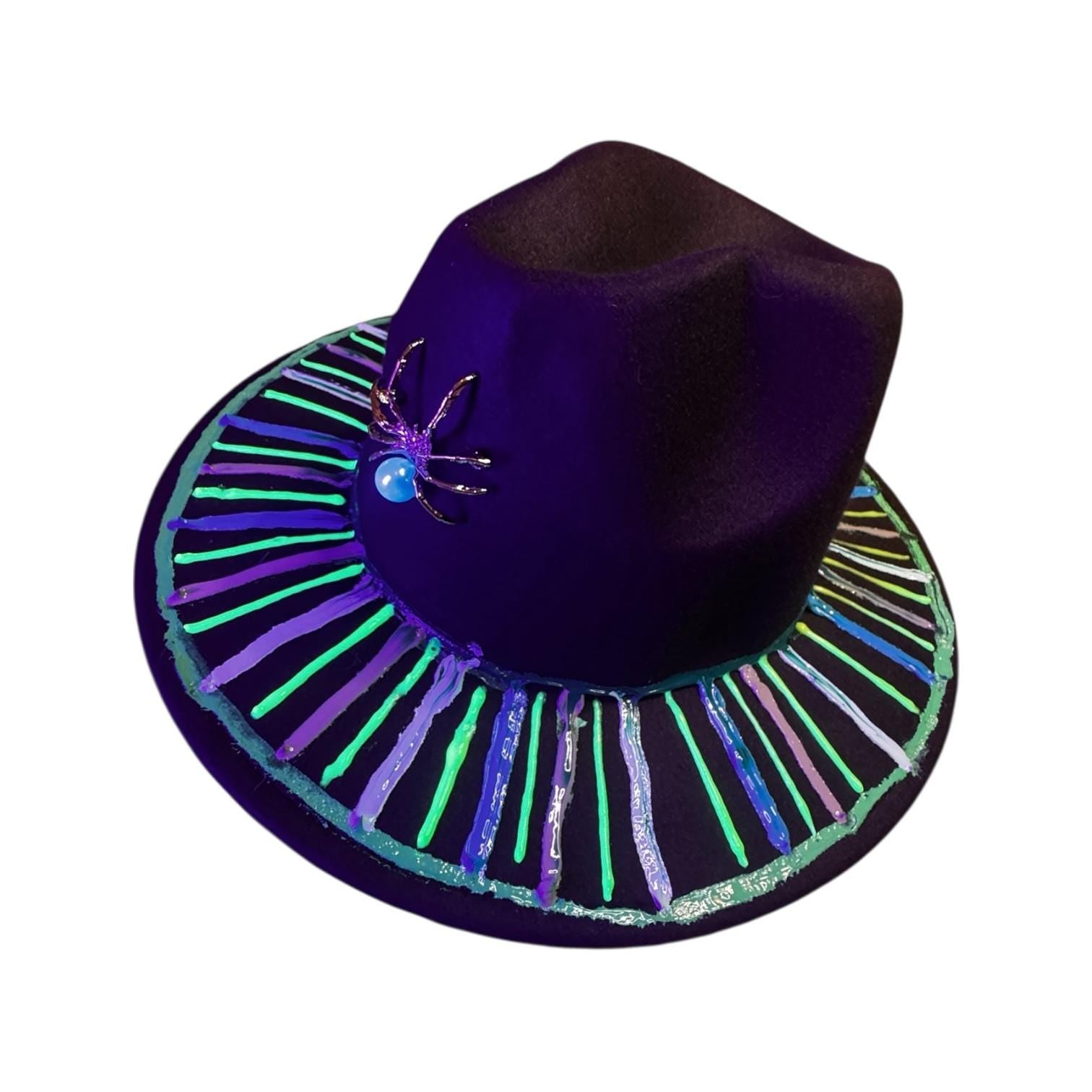 Hand-Painted Halloween Fedora: UV Reactive Spider Web Rave Hat