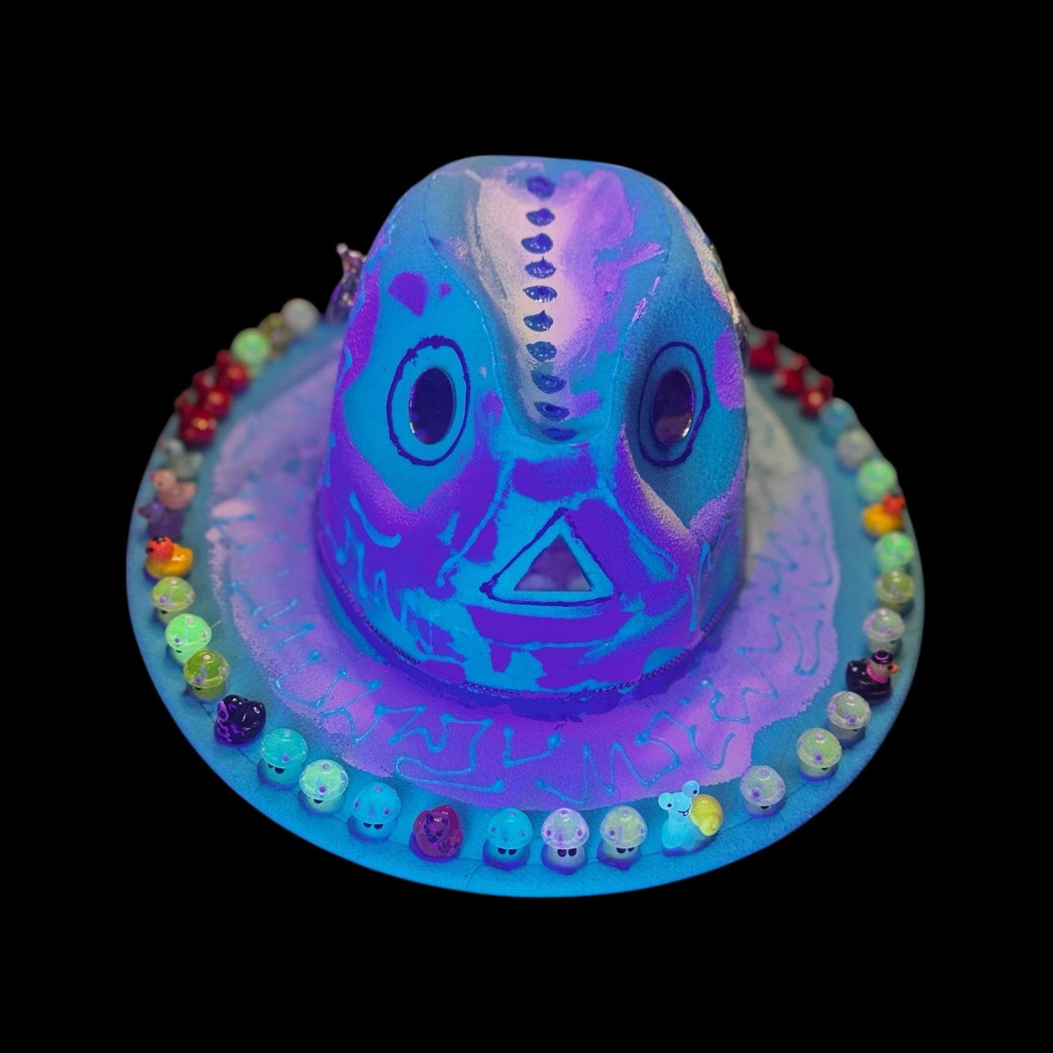 Hand-Painted UV Reactive Mask Hat: Festival Rave Wearable Art