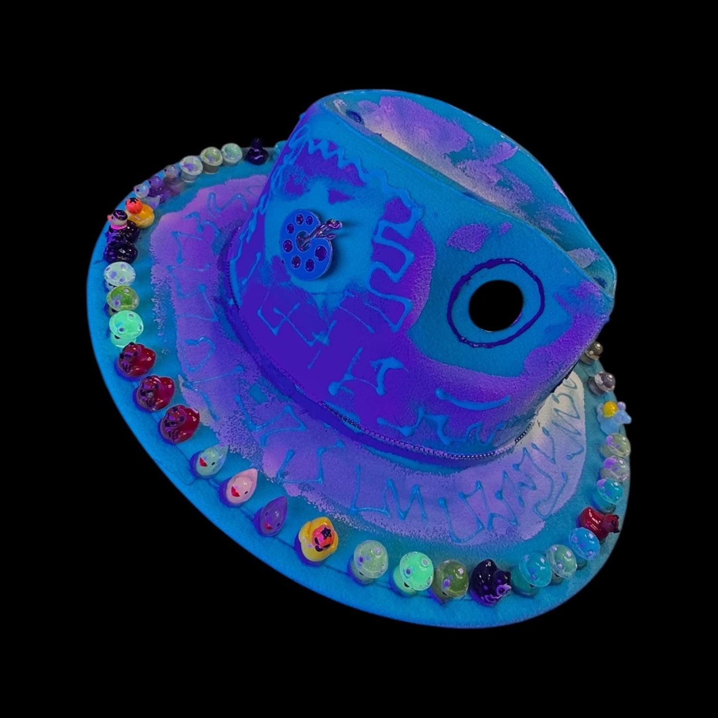 Hand-Painted UV Reactive Mask Hat: Festival Rave Wearable Art