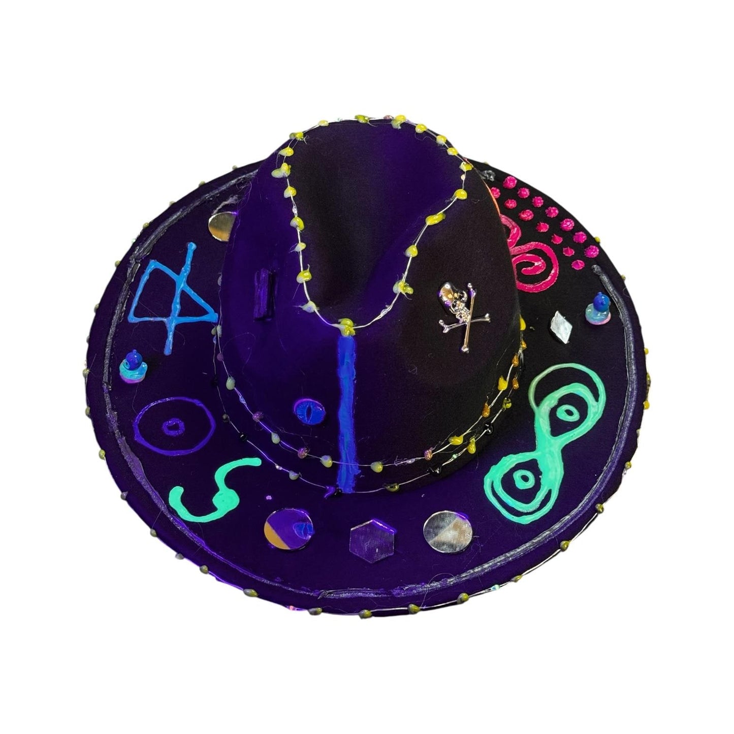 Cosmic Enigma – Glow-in-the-Dark Halloween Fedora with LED Lights & Mystical Symbols