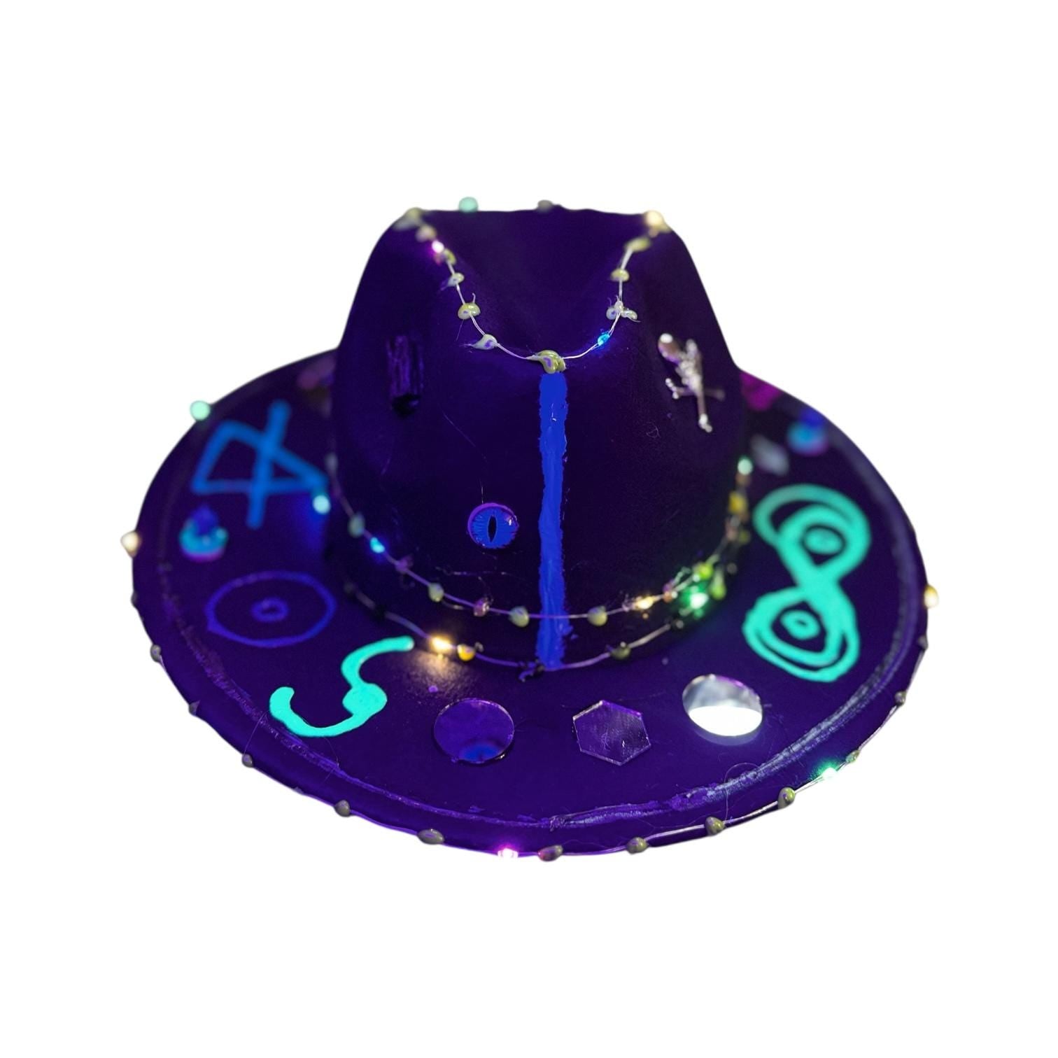 Cosmic Enigma – Glow-in-the-Dark Halloween Fedora with LED Lights & Mystical Symbols