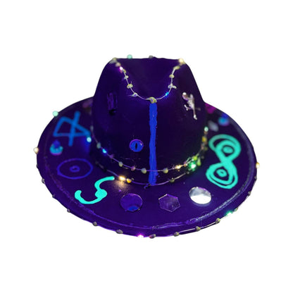 Cosmic Enigma – Glow-in-the-Dark Halloween Fedora with LED Lights & Mystical Symbols