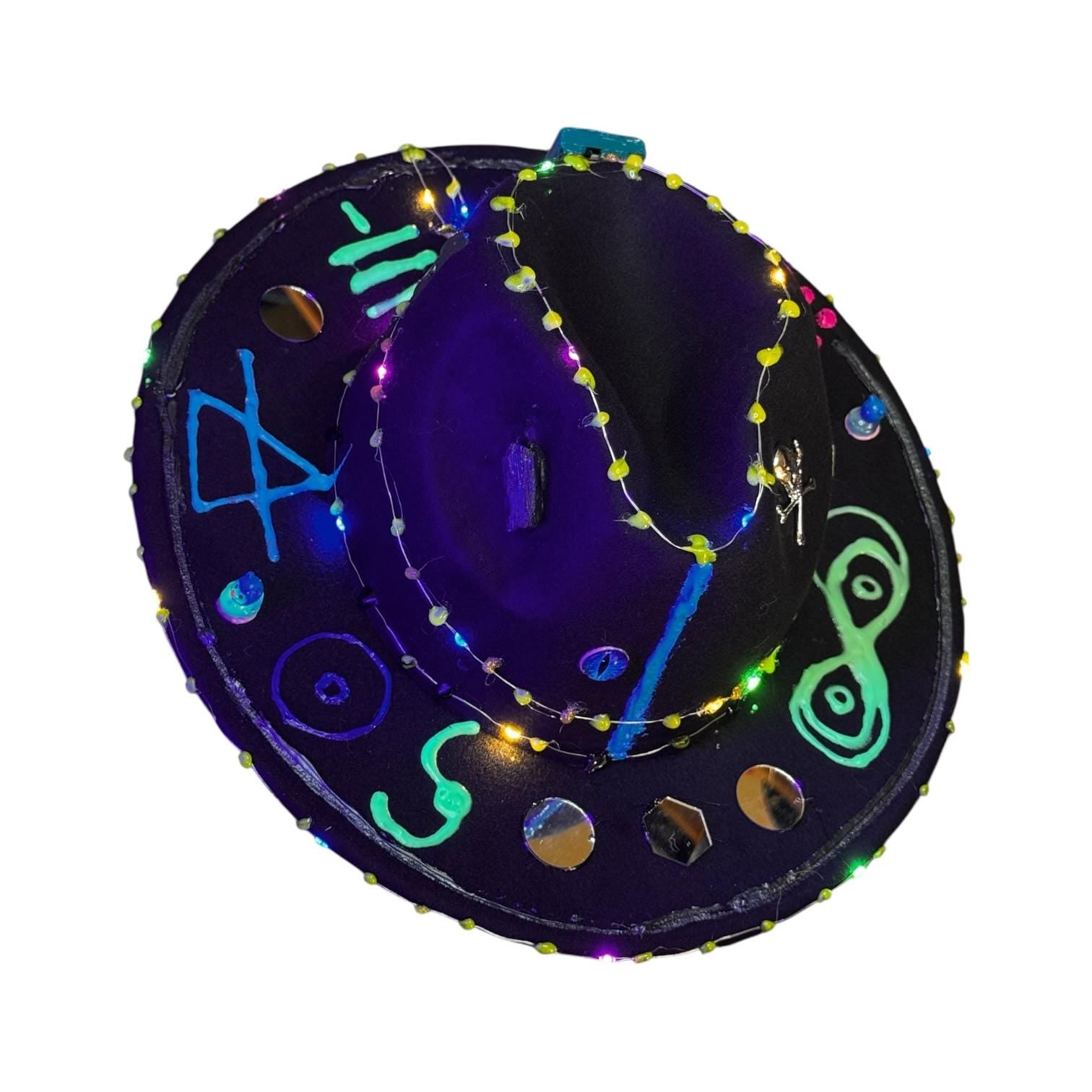 Cosmic Enigma – Glow-in-the-Dark Halloween Fedora with LED Lights & Mystical Symbols