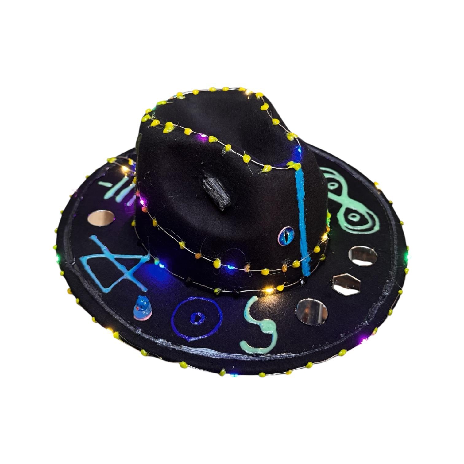 Cosmic Enigma – Glow-in-the-Dark Halloween Fedora with LED Lights & Mystical Symbols