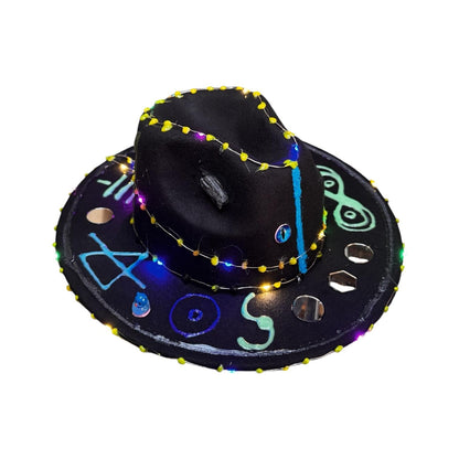 Cosmic Enigma – Glow-in-the-Dark Halloween Fedora with LED Lights & Mystical Symbols