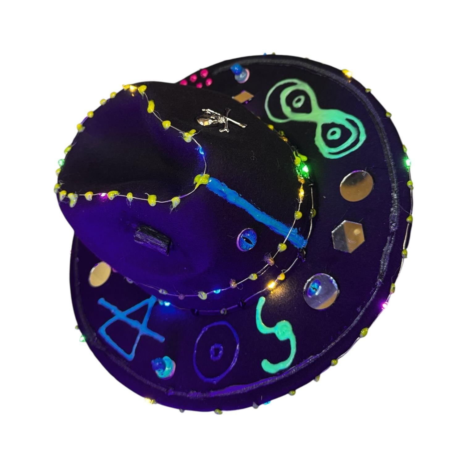 Cosmic Enigma – Glow-in-the-Dark Halloween Fedora with LED Lights & Mystical Symbols