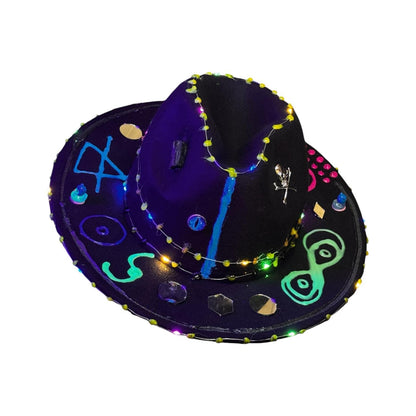 Cosmic Enigma – Glow-in-the-Dark Halloween Fedora with LED Lights & Mystical Symbols