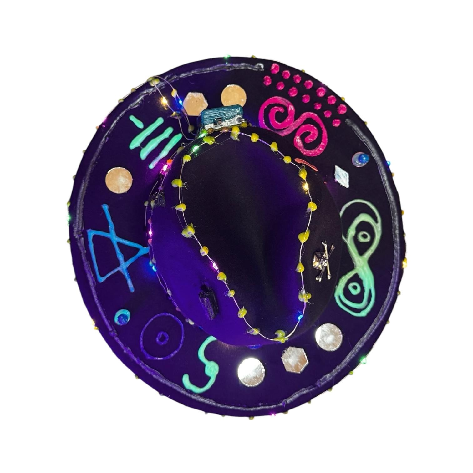 Cosmic Enigma – Glow-in-the-Dark Halloween Fedora with LED Lights & Mystical Symbols