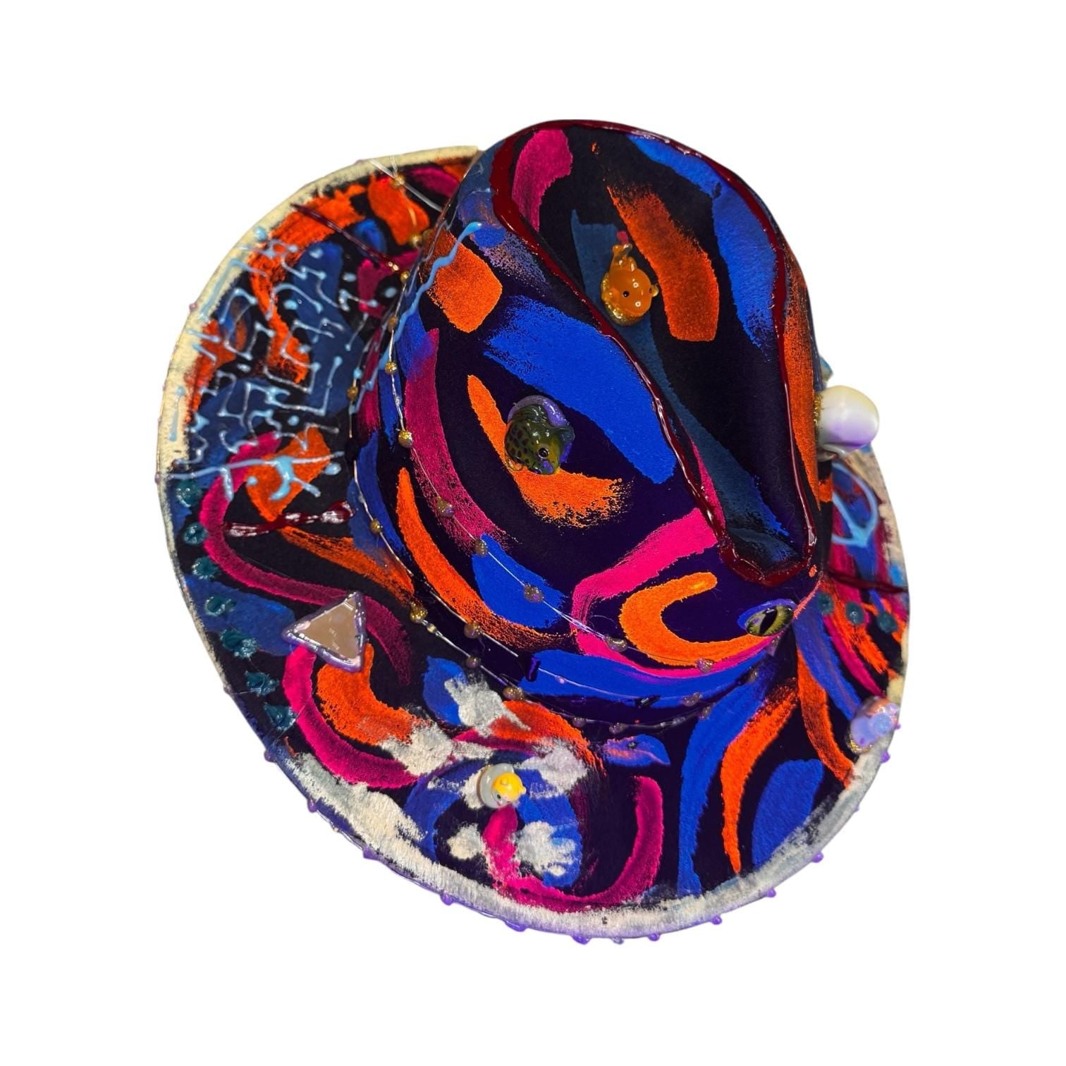 Hand-Painted Psychedelic Skull Fedora: UV Neon Glow Festival Hat