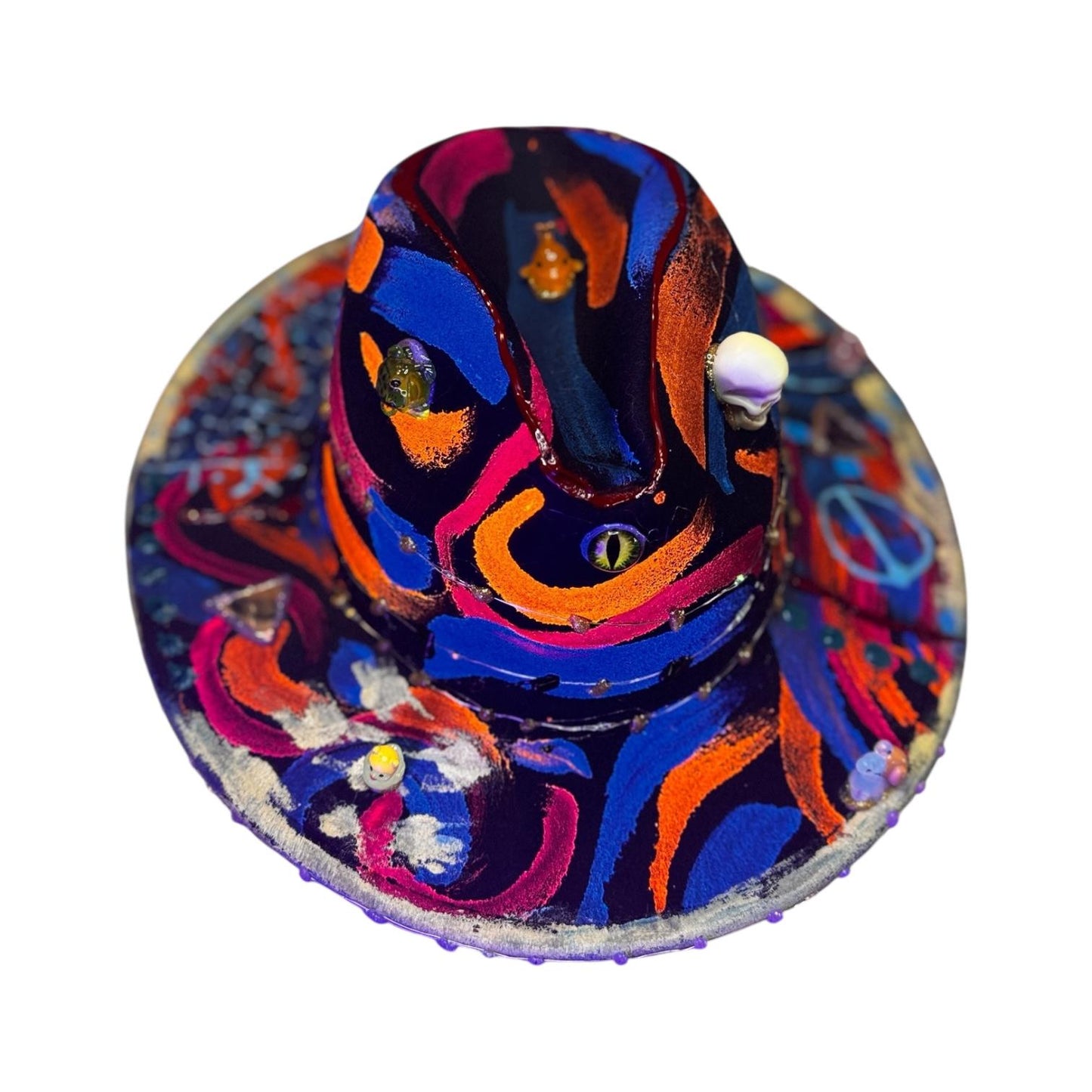 Hand-Painted Psychedelic Skull Fedora: UV Neon Glow Festival Hat
