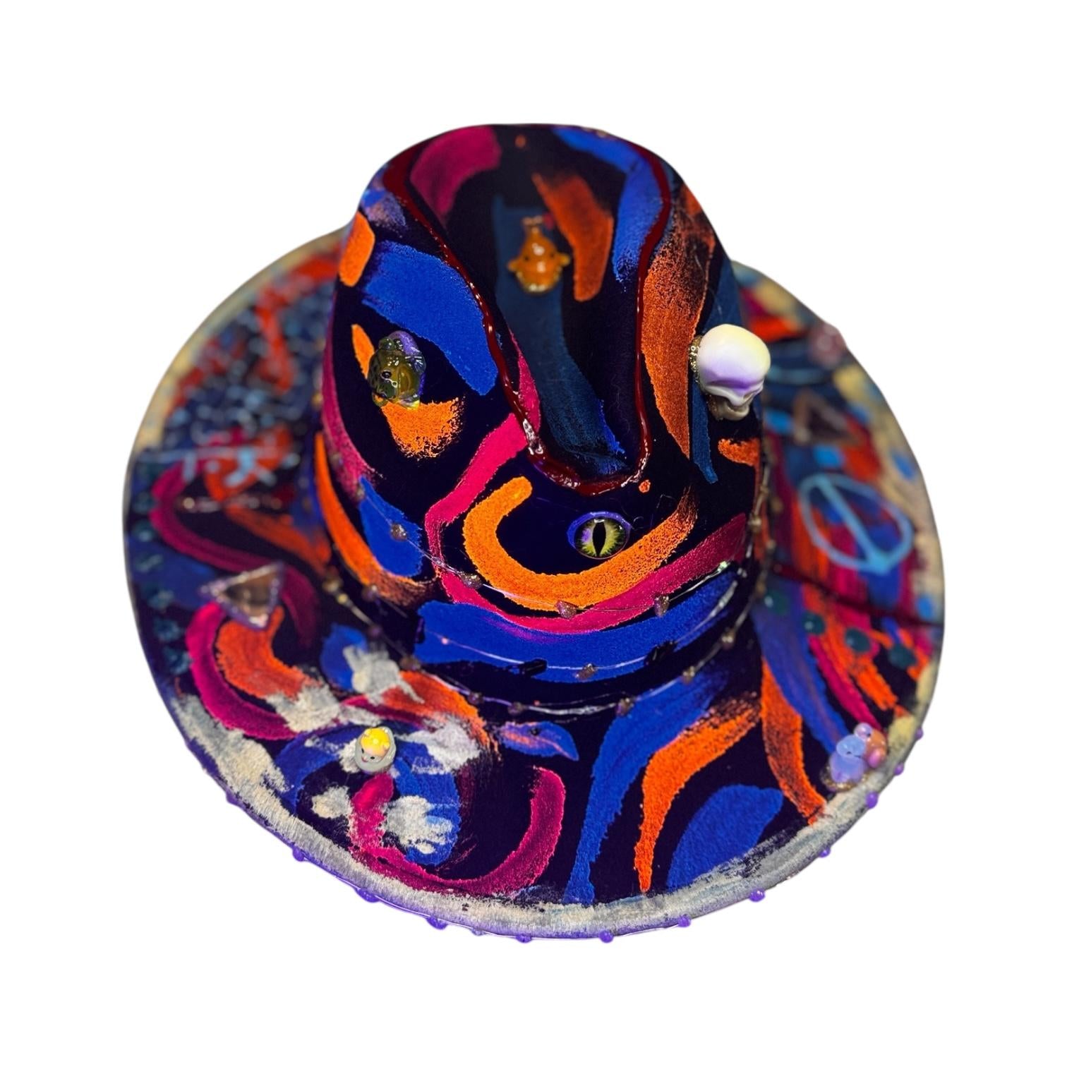 Hand-Painted Psychedelic Skull Fedora: UV Neon Glow Festival Hat