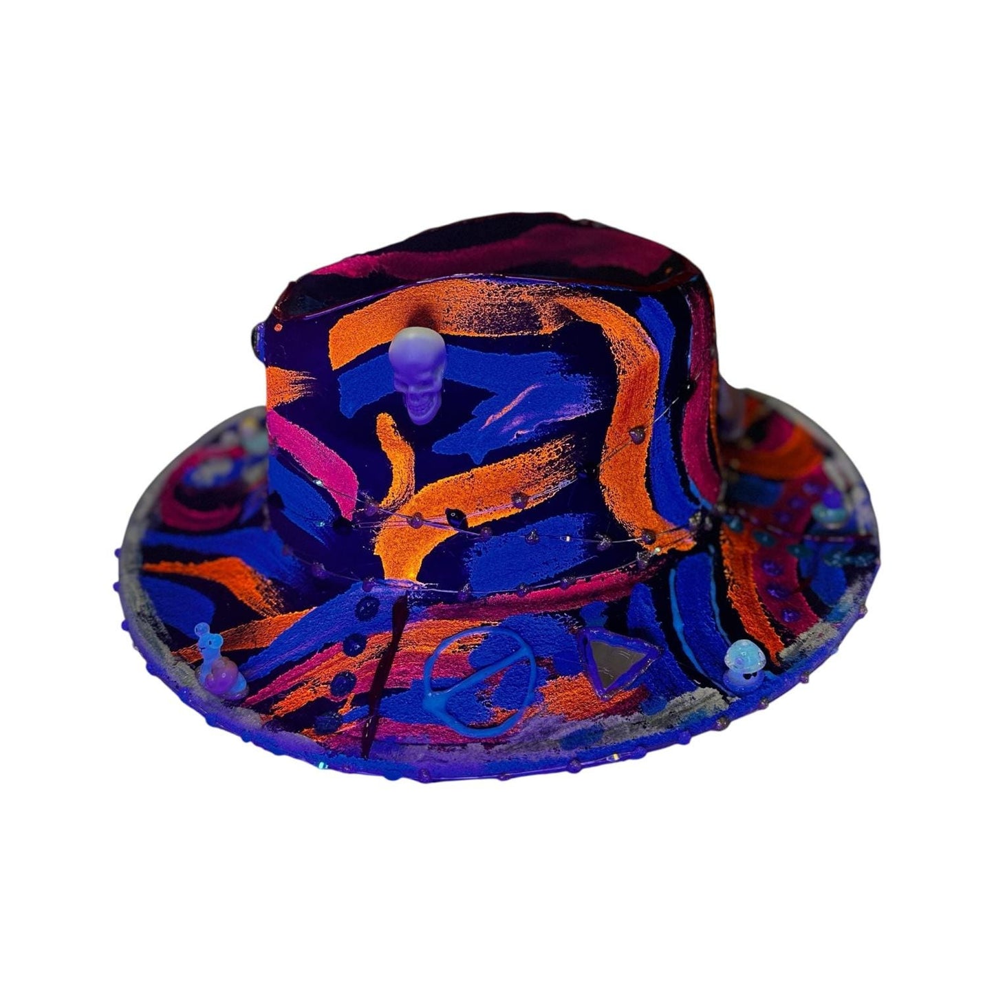 Hand-Painted Psychedelic Skull Fedora: UV Neon Glow Festival Hat