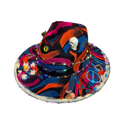 Hand-Painted Psychedelic Skull Fedora: UV Neon Glow Festival Hat
