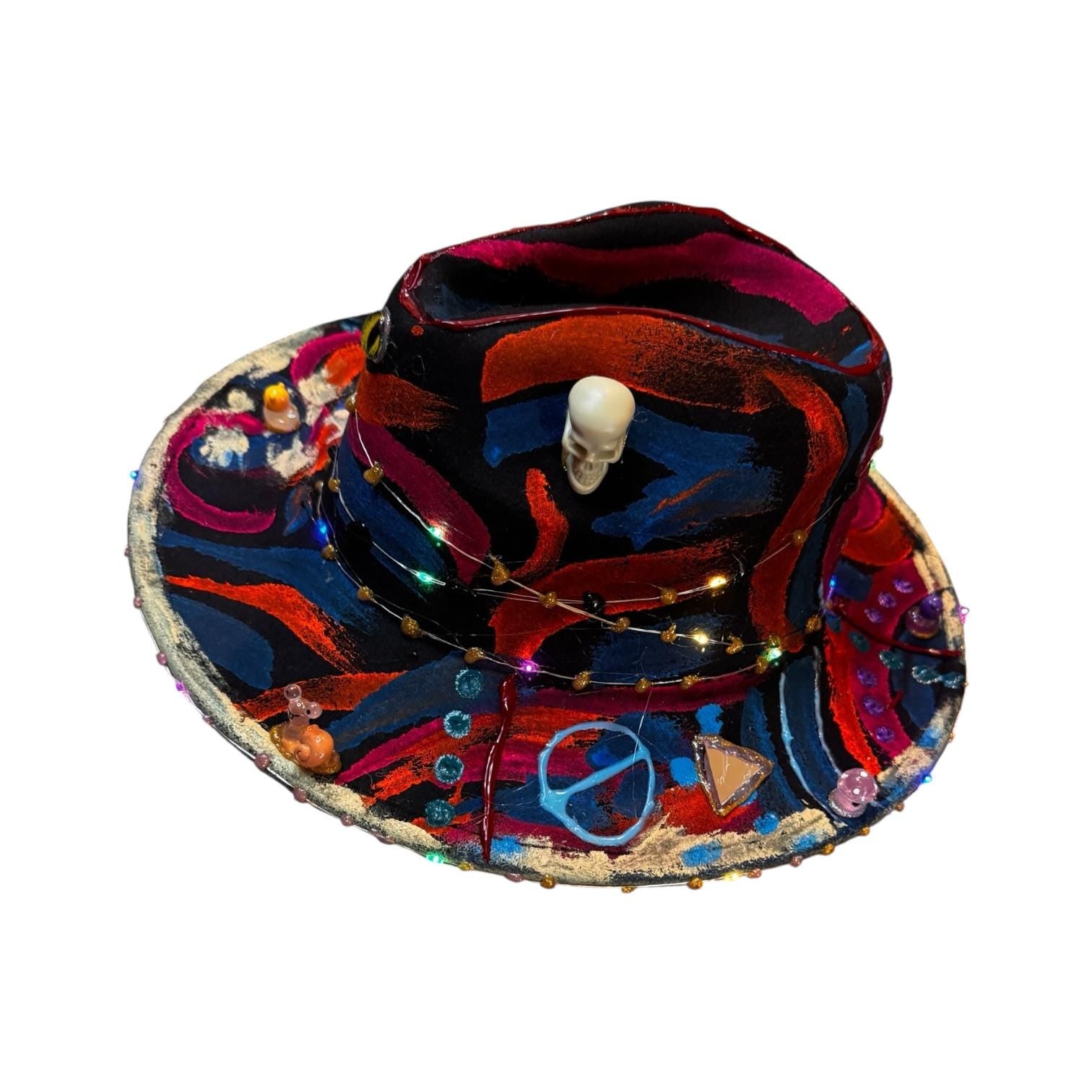 Hand-Painted Psychedelic Skull Fedora: UV Neon Glow Festival Hat