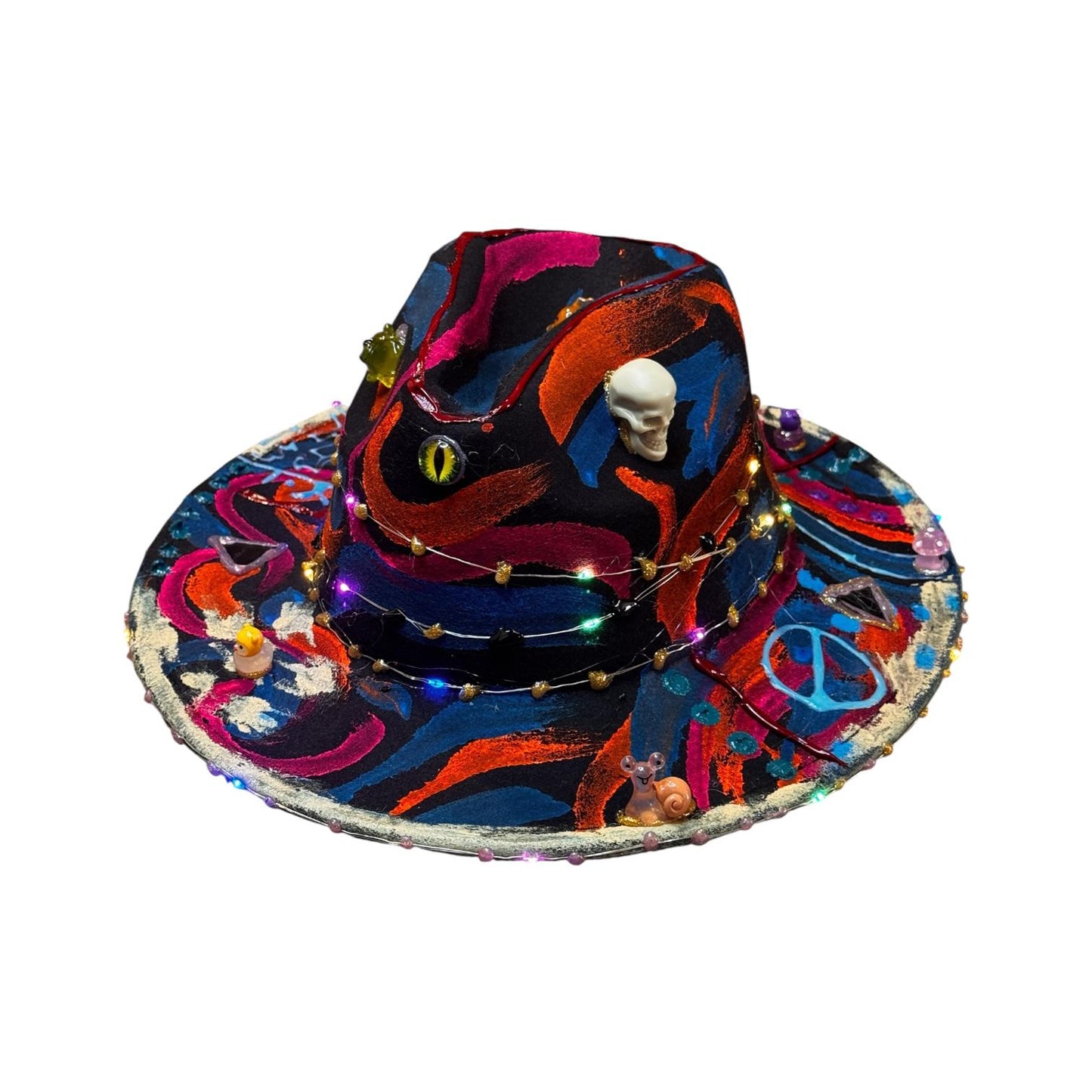 Hand-Painted Psychedelic Skull Fedora: UV Neon Glow Festival Hat
