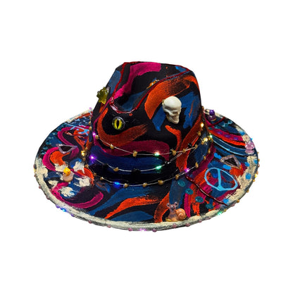 Hand-Painted Psychedelic Skull Fedora: UV Neon Glow Festival Hat