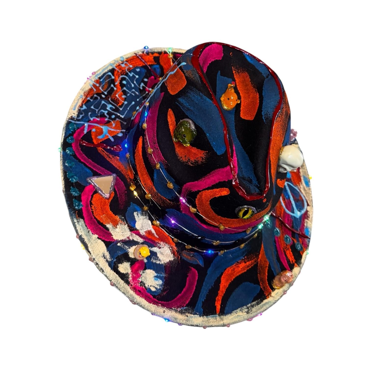 Hand-Painted Psychedelic Skull Fedora: UV Neon Glow Festival Hat