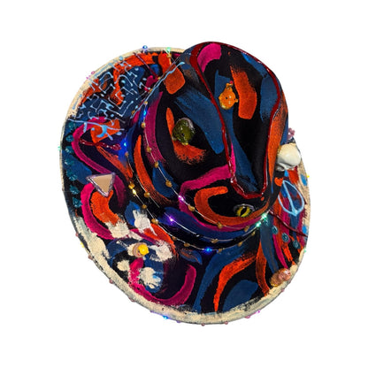 Hand-Painted Psychedelic Skull Fedora: UV Neon Glow Festival Hat