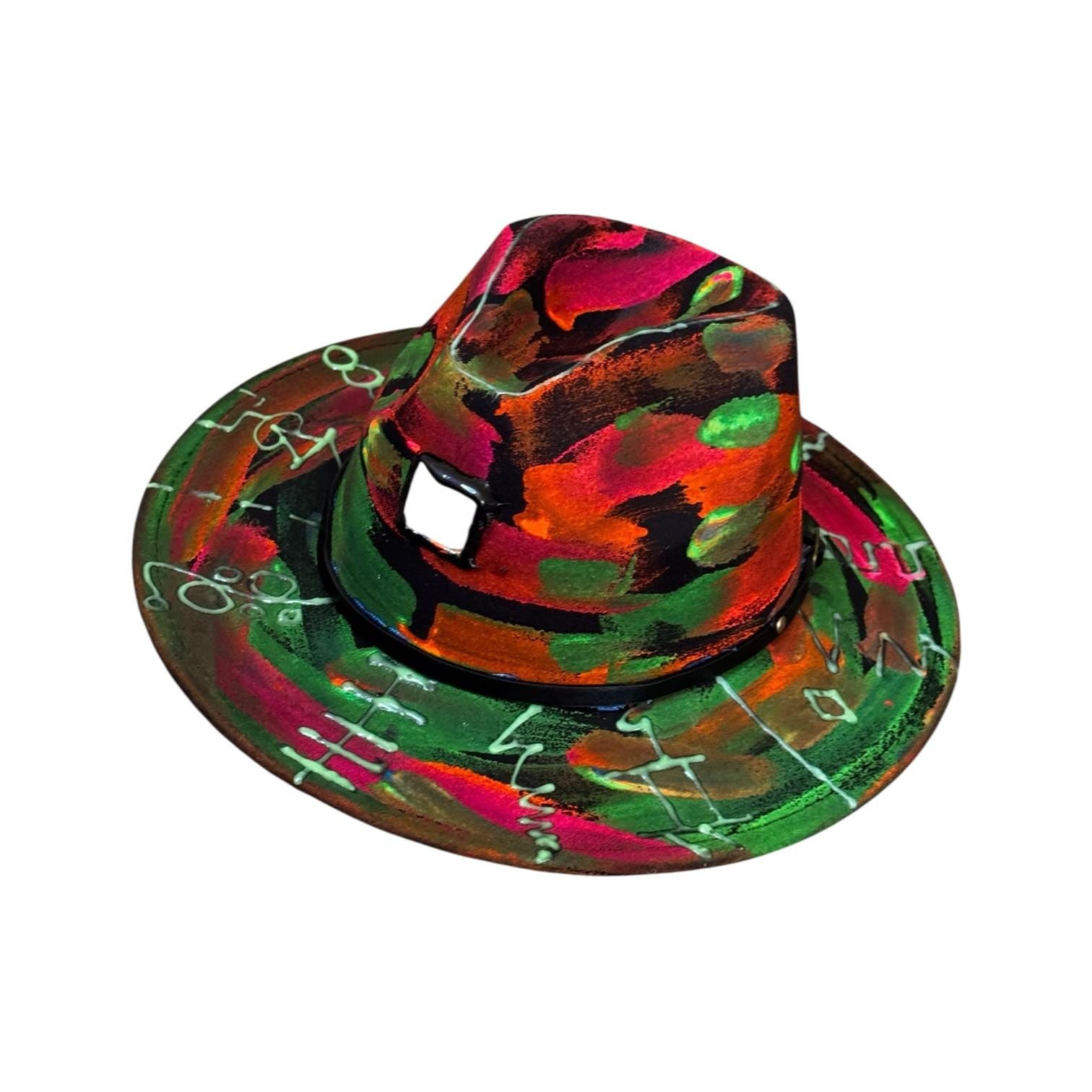Neon Halloween Fedora Hat: Hand-Painted Glow Rave Festival Hat