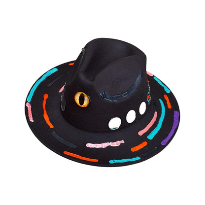 Cat’s Eye Eclipse – Hand-Painted Black Festival Hat with Cosmic Halloween Glow