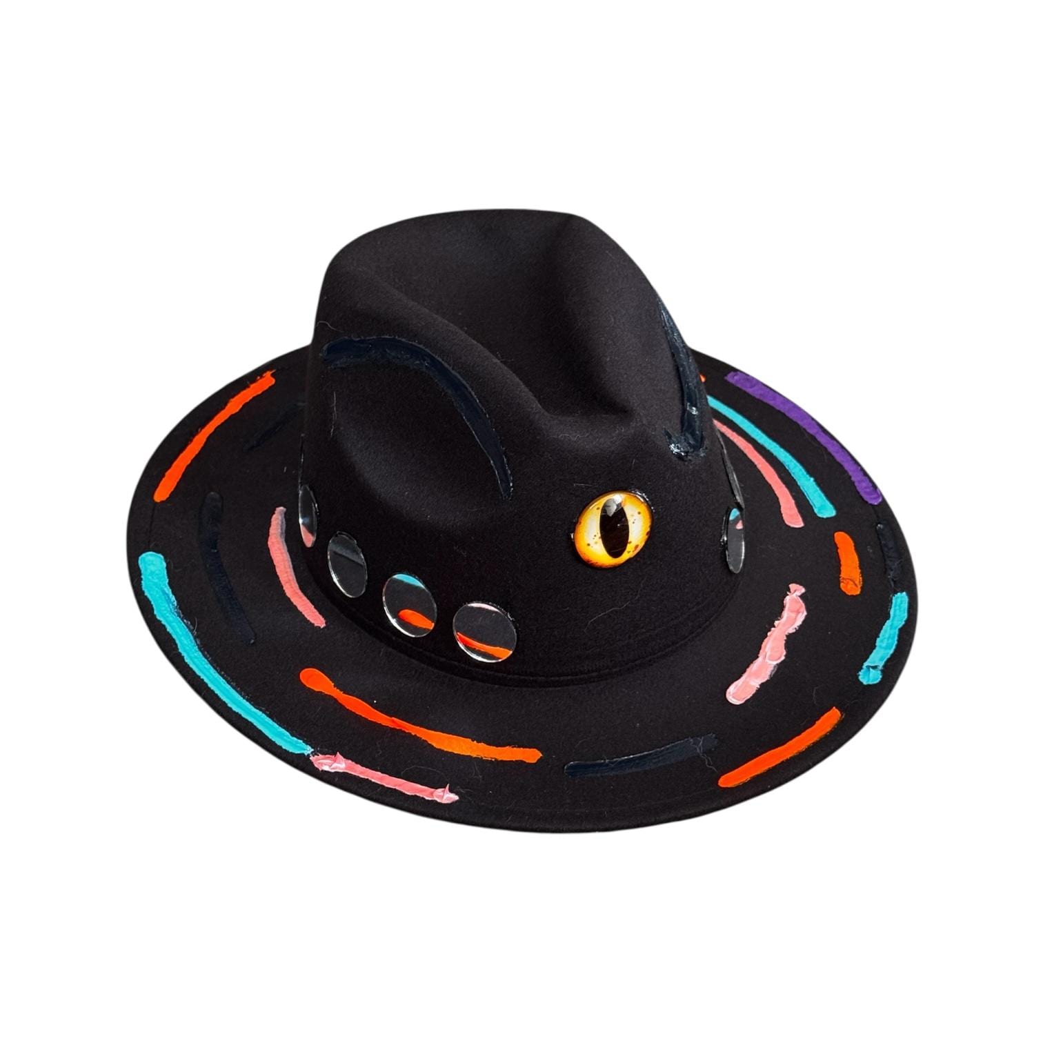 Cat’s Eye Eclipse – Hand-Painted Black Festival Hat with Cosmic Halloween Glow