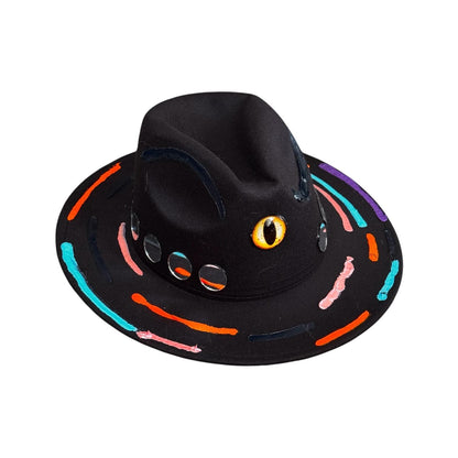 Cat’s Eye Eclipse – Hand-Painted Black Festival Hat with Cosmic Halloween Glow