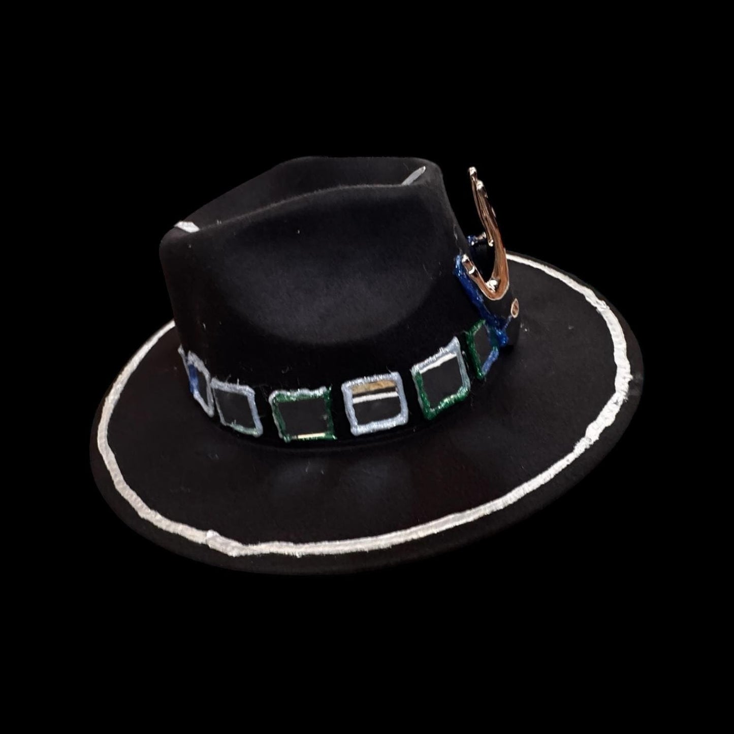 Black Wool Hat with Metallic Skeleton Hand & Geometric Accents