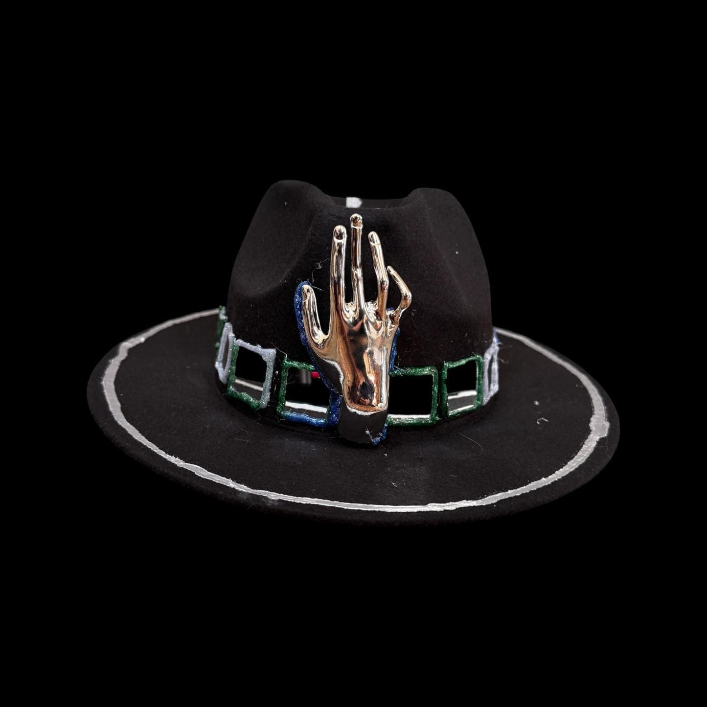 Black Wool Hat with Metallic Skeleton Hand & Geometric Accents