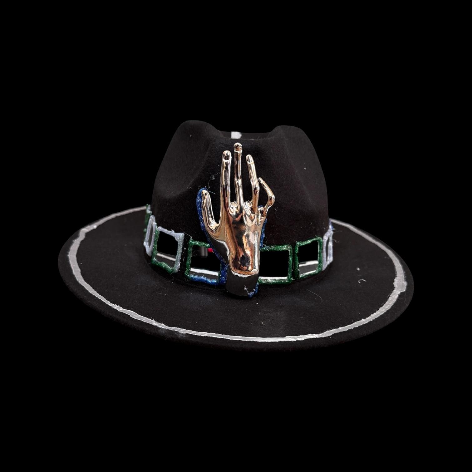 Black Wool Hat with Metallic Skeleton Hand & Geometric Accents