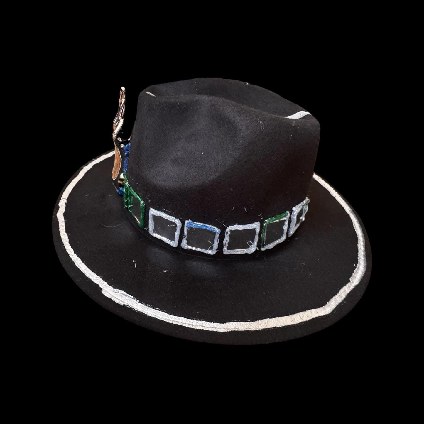 Black Wool Hat with Metallic Skeleton Hand & Geometric Accents