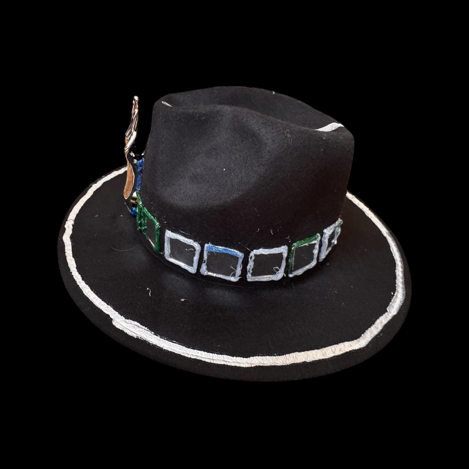 Black Wool Hat with Metallic Skeleton Hand & Geometric Accents