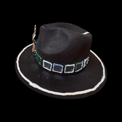 Black Wool Hat with Metallic Skeleton Hand & Geometric Accents