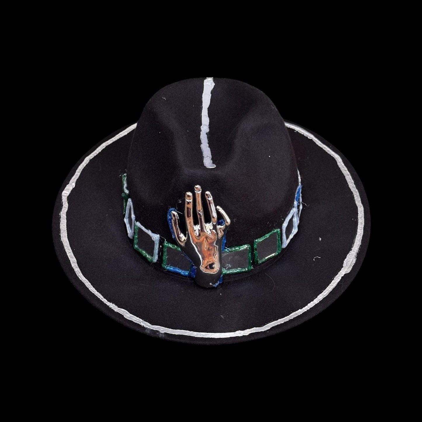 Black Wool Hat with Metallic Skeleton Hand & Geometric Accents