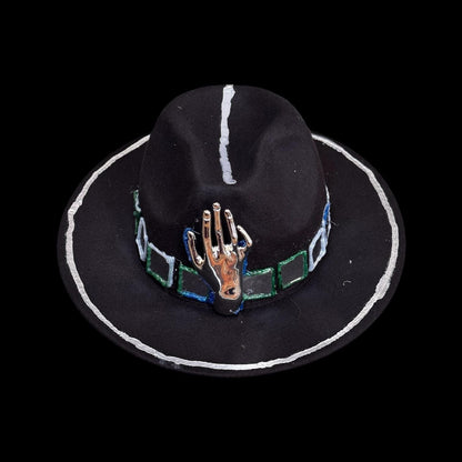 Black Wool Hat with Metallic Skeleton Hand & Geometric Accents