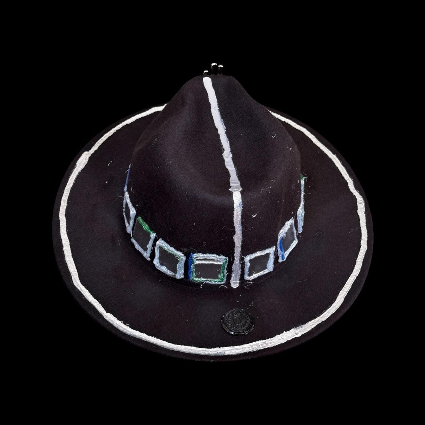 Black Wool Hat with Metallic Skeleton Hand & Geometric Accents