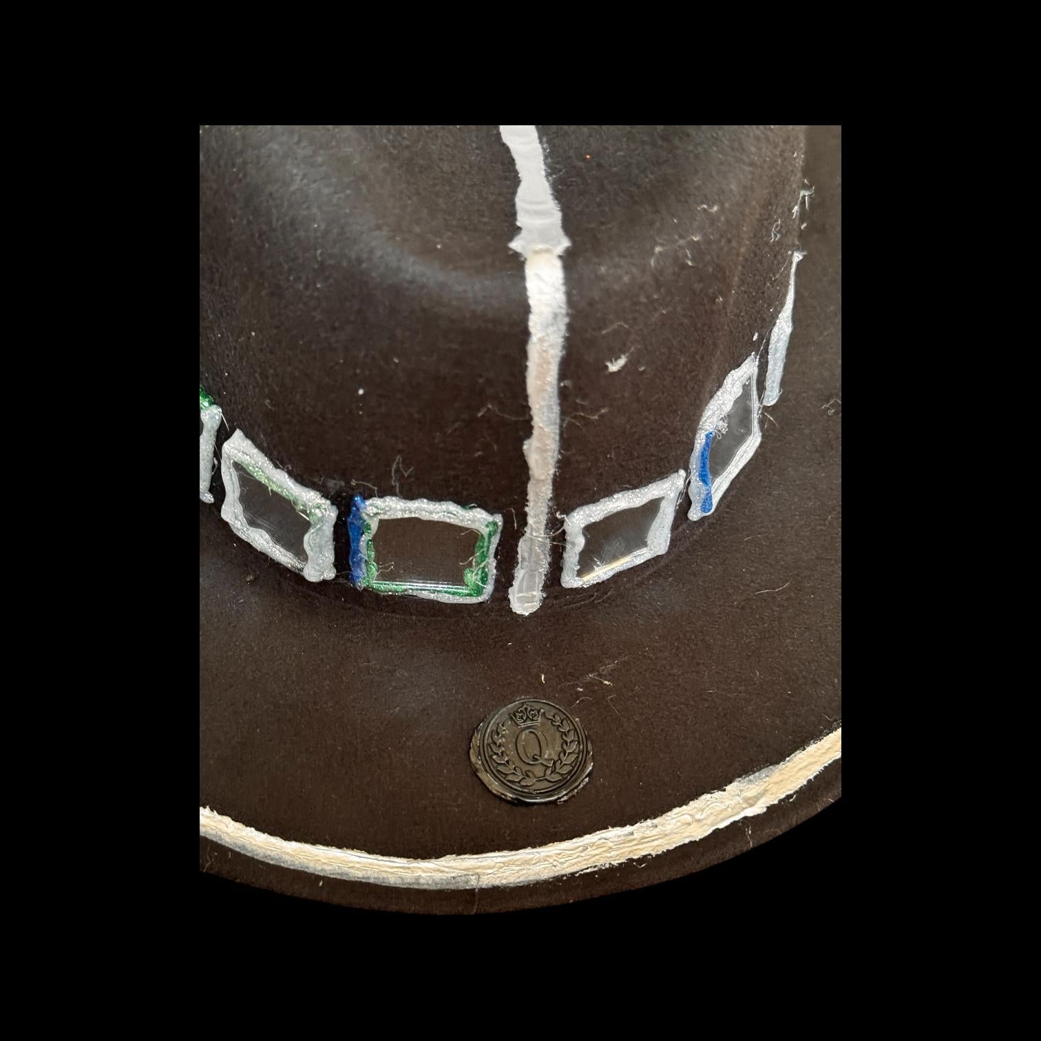 Black Wool Hat with Metallic Skeleton Hand & Geometric Accents