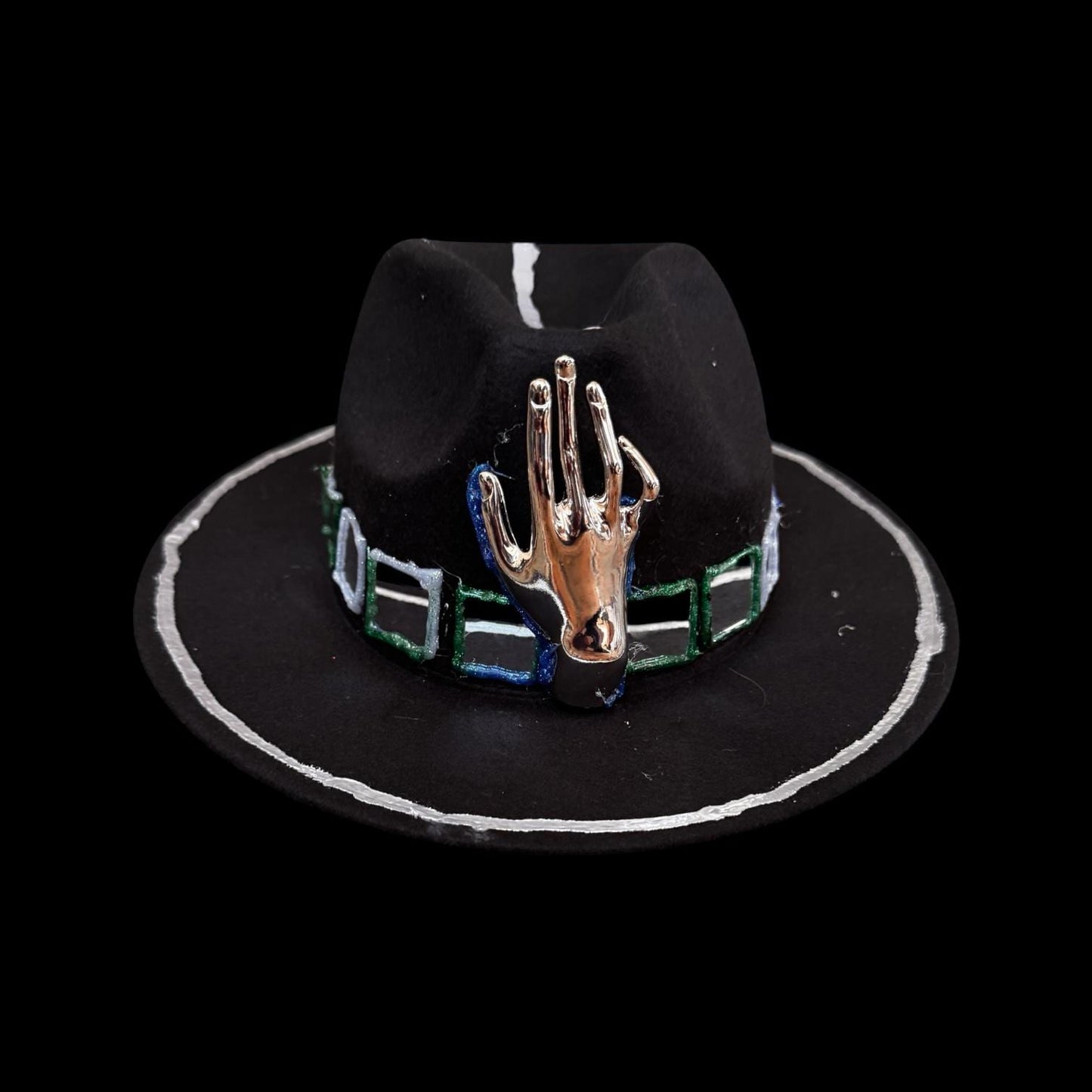 Black Wool Hat with Metallic Skeleton Hand & Geometric Accents