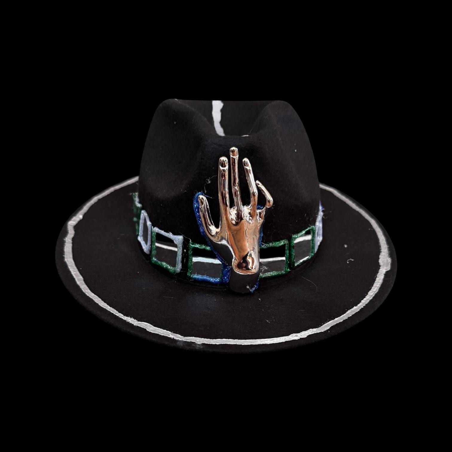 Black Wool Hat with Metallic Skeleton Hand & Geometric Accents