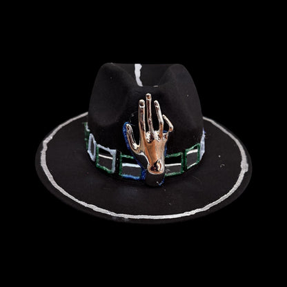 Black Wool Hat with Metallic Skeleton Hand & Geometric Accents