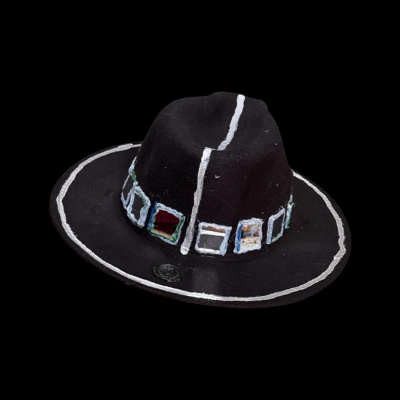 Black Wool Hat with Metallic Skeleton Hand & Geometric Accents