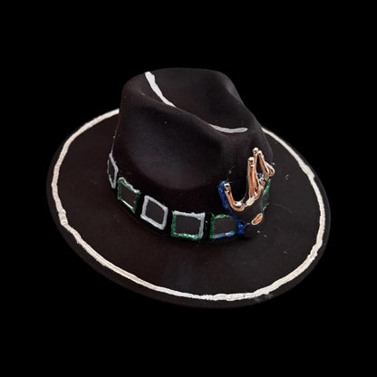 Black Wool Hat with Metallic Skeleton Hand & Geometric Accents