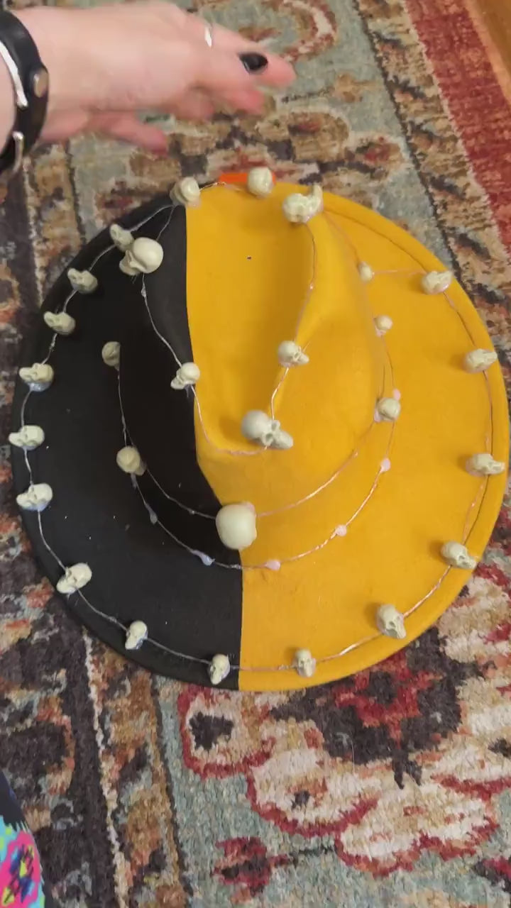 Orange & Black Skull Burning Man Hat: LED Light-Up Statement Piece