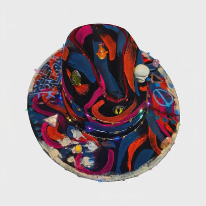 Hand-Painted Psychedelic Skull Fedora: UV Neon Glow Festival Hat