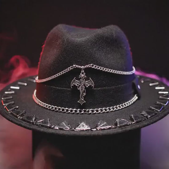 Succubus Fedora: Gothic Black Hat with Bat-Winged Pendant