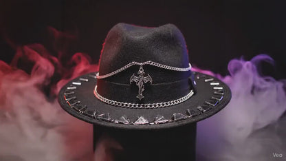 Succubus Fedora: Gothic Black Hat with Bat-Winged Pendant