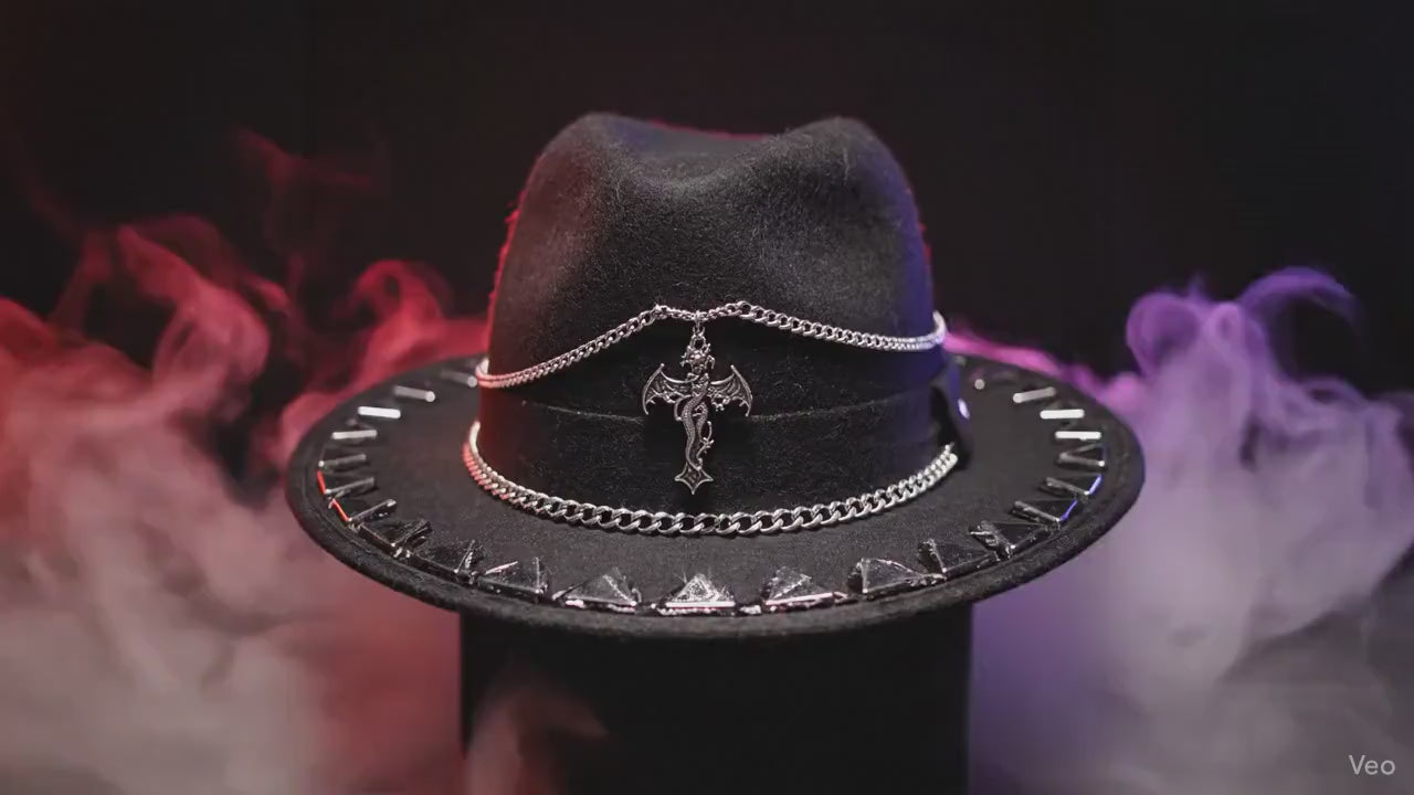Succubus Fedora: Gothic Black Hat with Bat-Winged Pendant